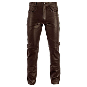 Moto Biker Style Leather Pants Men <b>Slim</b> Fit High Waist Solid Brown Full Length Trousers With Zippers - Product Image 2