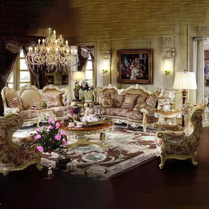 Ensemble de canapés de salon de villa de luxe en bois de mahogany massif doré, design français, sculpté à la main, rembourré et capitonné - Product Image 1