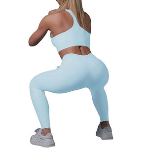 Women's Seamless High Waist Yoga Set Solid Light <b>Blue</b> Racerback Sports <b>Bra</b> Full Length Leggings With Pockets 2 Piece - Product Image 3