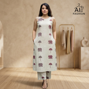 Kurti en coton beige pour femme, imprimé éléphant, coupe ample, longueur cheville, style décontracté, Inde Pakistan, toutes saisons - Product Image 1