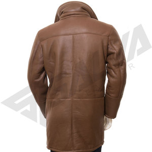 Men's <b>Long</b> Brown Genuine <b>Leather</b> <b>Jacket</b> With Faux Fur Lining Turn-down Collar Single Breasted Windproof Winter Coat - Product Image 2