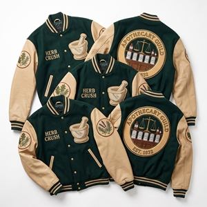 Chaqueta Varsity Personalizada OEM con Mangas de Cuero y Lana, Bordado de la Hermandad de Herbalistas, Parche Colgante de Hierbas, Abrigo Marrón - Product Image 3