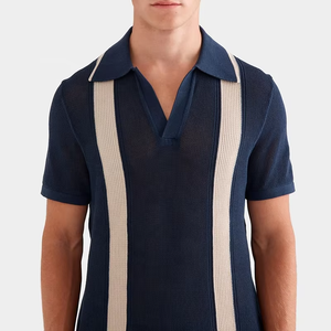 Polo de Verano de Alta Calidad para Hombre, Tejido de Algodón Piqué, Cuello Abierto, Manga Corta, con Rayas Tejidas en Contraste - Product Image 6