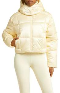 Women's Cream Quilted Hooded Winter <b>Jacket</b> Full Sleeve Short Length Polyester Wadding Zipper Closure - Product Image 2