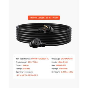 Cavo di Prolunga per Generatore da 30 Ampere, 25 Piedi, 7500 Watt, 250 Volt, NEMA 6-50R NEMA 6-50P SWT 8AWG, Cavo di Alimentazione Flessibile - Product Image 4
