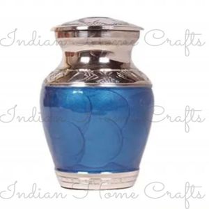 Urna Funeraria de Aluminio Azul, Recuerdo Metálico, Florero Conmemorativo de Mesa, Urna para Cenizas con Impresión Personalizada - Artesanía India - Product Image 2