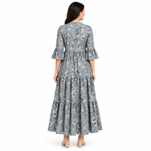 Vestido Maxi Floral Tejido para Mujer, Manga Larga, con Volantes en Capas, Botones al Frente, Casual, Elegante, Holgado, Estilo Boho, Línea A, para Club o Noche - Product Image 6