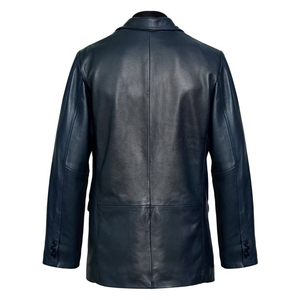 Men Navy Blue Leather <b>Blazer</b> Single Breasted Notched Collar Regular Fit Full Length Sleeve British Style Jacket - Product Image 2