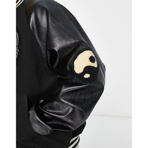 Men's Black Genuine Leather Anti-Bacterial Windproof Woolen Varsity Jacket 220g Embroidery Patch Designs Turn-<b>down</b> Collar - Product Image 5
