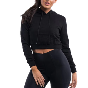 Women's <b>Black</b> Cropped Hoodie Long Sleeve Solid Color Knitted Sweatshirt With Pockets Autumn Wear - Product Image 4