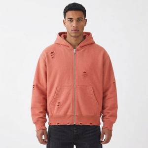 Sweat à capuche zippé pour homme, effet vieilli, avec impression graphique personnalisée, en molleton épais, style streetwear urbain, fabricant grossiste - Product Image 5