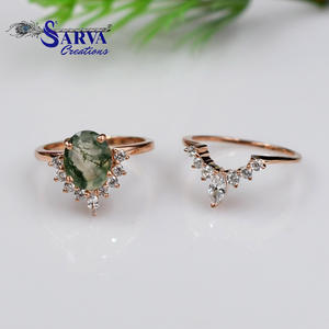 Ensemble de bagues en agate mousse naturelle de forme ovale avec accents en zircone cubique, argent sterling 925, ensemble de bagues de fiançailles et de mariage pour femmes - Product Image 4