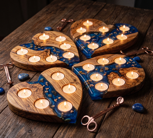 Porte-bougie en résine en forme de cœur et en bois d'acacia, porte-bougie pour mariage, cadeau de Noël - Product Image 4