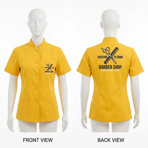 Chaqueta de Barbería para Mujer, 320 GSM, Polialgodón Premium, Color Mostaza, Diseño de Paneles a Medida, Impresión de Logotipo Personalizado, Uniforme - Product Image 4