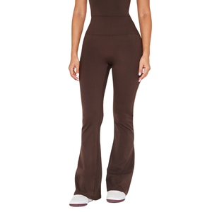 <b>Brown</b> Mid Waist Flared Leg Yoga <b>Leggings</b> Full Length Spandex/Nylon Four-Way Stretch Solid Color Anti-Odor Seamless Activewear - Product Image 4