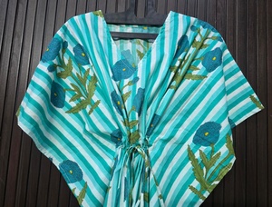 Caftán de Algodón con Estampado Floral para Mujer, Cuello en V, Manga Corta, Largo Completo, con Cordón Ajustable, Ropa de Dormir Informal de Verano - Product Image 4