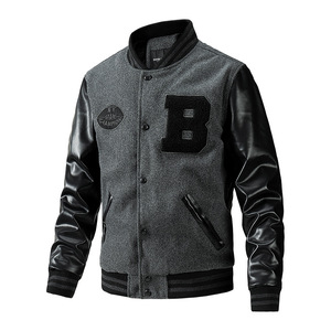 Chaqueta Varsity para Hombre, Verde Oliva, Mangas de Cuero PU Negro, Parche con Letra B, Cierre de Botones Frontales, Estilo Preppy, Largo Regular, Cuello Camisero - Product Image 4