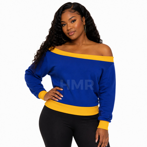 Sweat-shirt à épaules dénudées HMR Sorority Sisterhood, color-block bleu et jaune, manches longues, haut décontracté en tricot - Product Image 3