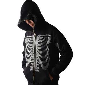 Sudadera con capucha para hombre, personalizada, con pedrería, diseño de calavera y esqueleto, con cremallera completa, impermeable - Product Image 3