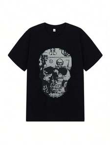 Camisetas de Lujo para Hombre con Calavera de Diamantes de Imitación, Camiseta Negra de Algodón Personalizada con Gráficos Brillantes, Estilo Urbano, Manga Corta, Venta al por Mayor OEM - Product Image 3