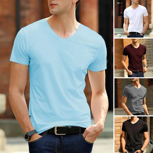 T-shirt col V en coton de qualité personnalisé pour homme, manches courtes, coupe classique, hauts tendance, couleur unie, tissu 100 % tricoté, logo frontal - Product Image 5