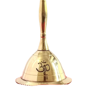 Cloche d'appel Om Pentagramme pour la prière, en laiton sonore, Pandulam, cloche d'autel de 3 pouces, par Indian Consigners - Product Image 1