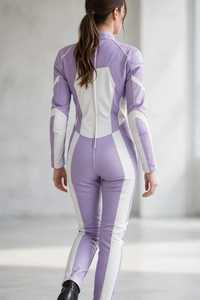 Combinaison de course moto une pièce pour femme en cuir violet et blanc, à blocs de couleur, manches longues - Product Image 2