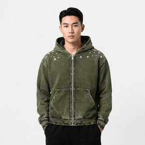Livraison sans taxes aux États-Unis, sweat-shirt à capuche zippé personnalisé avec strass, style vintage streetwear pour homme, coupe ample, pour l'automne - Product Image 2