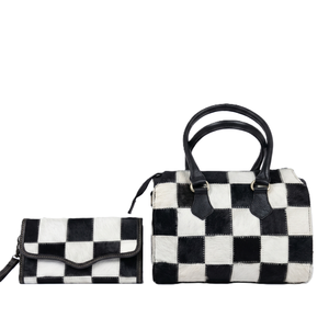 Bolso de Mano de Cuero Vacuno de Lujo con Cartera a Juego, Diseño a Cuadros, Cierre de Cremallera, Estilo Occidental - Product Image 1