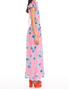 Robe longue d'été rose en mousseline de coton à motif floral, col en V profond, sans manches, taille naturelle, coupe droite, avec poches - Product Image 5
