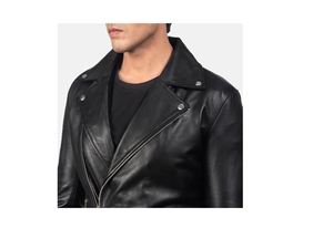 Veste moto en cuir véritable noir pour homme, col rabattu, fermeture éclair, coupe ajustée, longueur normale, pour l'automne - Product Image 5