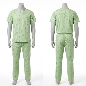 Ensemble unisexe de blouses et pantalons médicaux en tissu Dobby imprimé, mélange de polyester et coton de qualité supérieure, 160 GSM, doux et respirant, col en V, avec logo tissé personnalisé - Product Image 1