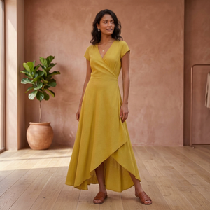 Robe midi asymétrique à col en V et manches courtes, coupe trapèze, en viscose tissée et rayonne, taille naturelle, style bohème, pour l'été et les vacances, tenue décontractée - Product Image 3