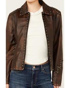 Womens Genuine Sheep <b>Leather</b> Studded Western <b>Jacket</b> Distressed Brown Real Lambskin Biker Vintage Zip Up Wholesale - Product Image 3