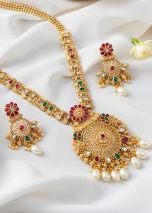 Beautiful Antique Ethnic Beaded High <b>Gold</b> Polish Fancy Style Elegant Traditional Green Flower Necklace <b>Earrings</b> Headpiece <b>Set</b> - Product Image 3