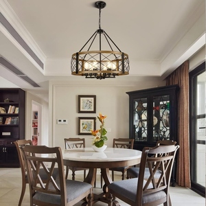 Lustre Tambour Moderne Style Ferme Rustique en Bois et Métal, Suspension Industrielle Cage, Lampe Suspendue Vintage Ronde - Product Image 6