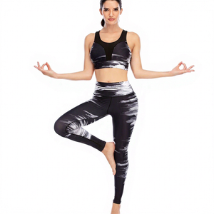 Women <b>2</b> <b>Piece</b> Yoga <b>Set</b> Black <b>White</b> Print Racerback Crop High Waist Full Length Leggings Breathable Workout Wear - Product Image 3