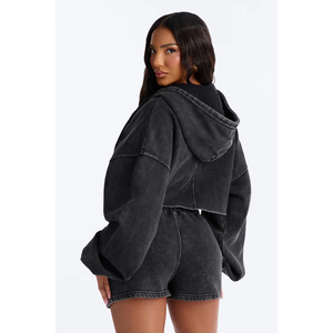Conjunto de dos piezas de sudadera con capucha corta y shorts para mujer, estilo vintage con lavado ácido, casual, liso, holgado, oversize, ropa urbana al por mayor - Product Image 2