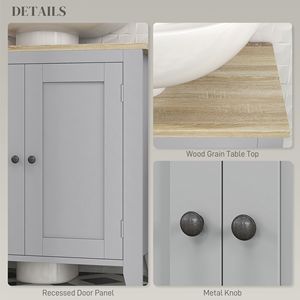 Mobile Bagno in Legno Massello con Lavabo a Colonna, Specchio LED con Intaglio a U, Ripiano Regolabile Grigio - Product Image 6