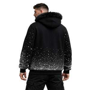 Sudadera con capucha para hombre, negra, personalizada con pedrería, con cremallera, forro polar, estilo urbano, con diseño de pedrería en las mangas. - Product Image 5