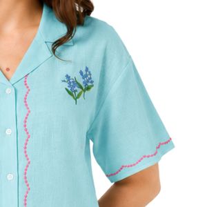 Blusa de algodón azul acuamarina con bordado floral para mujer, de manga corta, con botones, informal, de verano, con cuello, personalizada, a la moda, OEM - Product Image 4