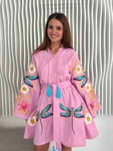 Minivestido bohemio de algodón para mujer, vestido informal étnico con bordado de mariposas rosas, estampado floral, lazo en la cintura y borlas - Product Image 5