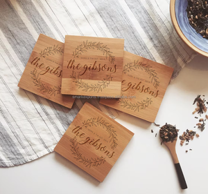 Custom <b>Wooden</b> Coaster Set with Wreath Engraving and Cork Option Ideal for Weddings Bridal <b>Showers</b> and Special Gifts - Product Image 1