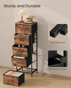 Commode moderne à 5 tiroirs, design rustique marron et noir encre, meuble de rangement durable pour chambre et salon, unité autoportante - Product Image 3