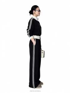 ONETEN <b>Women</b> <b>Black</b> White Color Block Tracksuit Set Turtleneck Zipper Jacket Wide Leg <b>Pants</b> Sporty Loose Fit Lightweight - Product Image 2