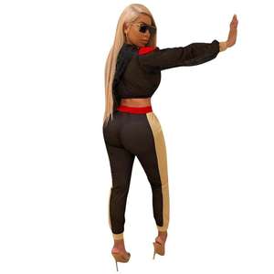 Ensemble de survêtement color block pour femme, haut court à manches longues et col en V avec pantalon de jogging taille haute, style streetwear, collection automne - Product Image 2
