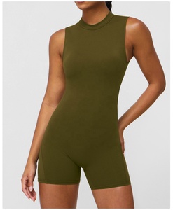 Women Solid Color High Waist Seamless Bodysuit Sleeveless Stand Neck Yoga Set Olive Green by AMAZING INDUSTRIES - Product Image 4