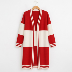 <b>Women</b> Long Knit <b>Cardigan</b> Color Blocking <b>Red</b> Cream Open Front Casual Full Sleeve Pockets 100% Acrylic - Product Image 2