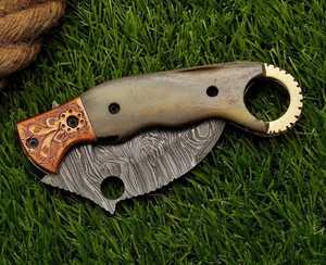 Premium Handmade Damascus steel folding <b>Knife</b> with Brass & <b>Bone</b> <b>Handle</b> - Brass Bolster Exquisite Artistry - Product Image 6