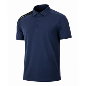 Polo de golf pour homme bleu marine à manches courtes, couleur unie, style décontracté, tissu tricoté respirant, coupe classique, logo sur la manche gauche - Product Image 2